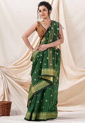 Handloom Cotton Saree in Dark Green