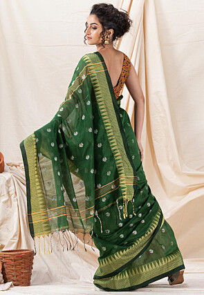 Handloom Cotton Saree in Dark Green