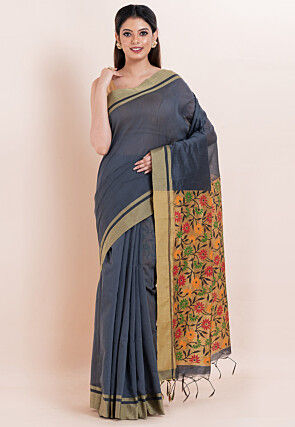 Handloom Cotton Saree in Dark Grey