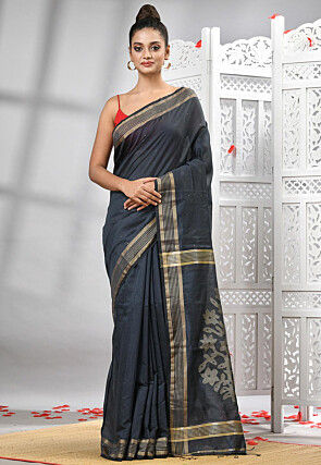 Handloom Cotton Jamdani Saree in Dark Grey