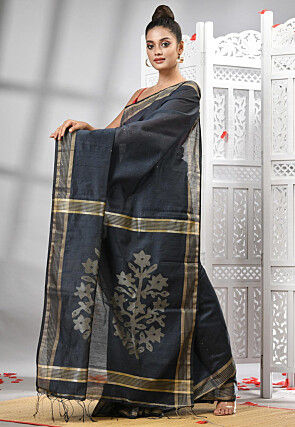 Handloom Cotton Jamdani Saree in Dark Grey