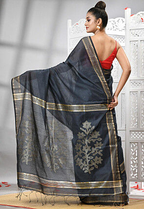 Handloom Cotton Jamdani Saree in Dark Grey