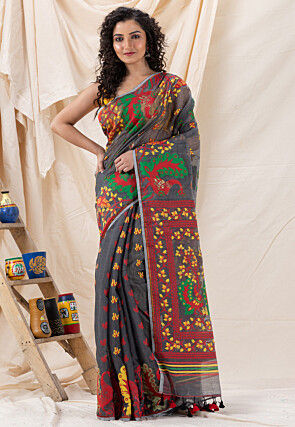 Handloom Cotton Saree in Dark Grey