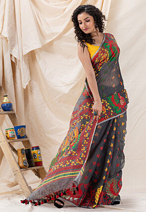 Handloom Cotton Saree in Dark Grey