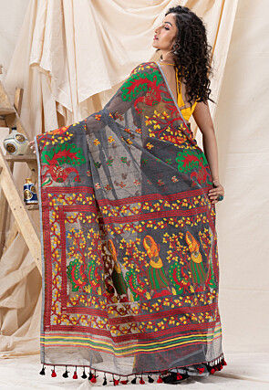 Handloom Cotton Saree in Dark Grey