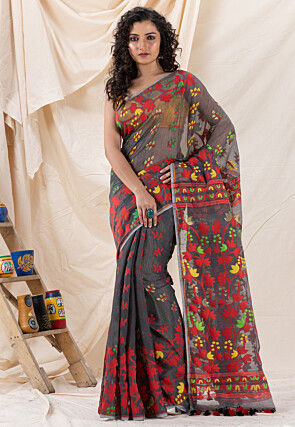 Handloom Cotton Saree in Dark Grey