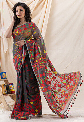 Handloom Cotton Saree in Dark Grey