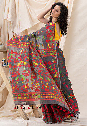 Handloom Cotton Saree in Dark Grey