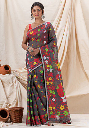 Handloom Cotton Saree in Dark Grey