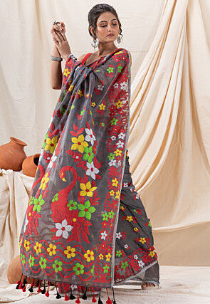 Handloom Cotton Saree in Dark Grey