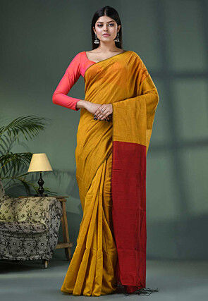 Handloom Cotton Saree in Dark Yellow