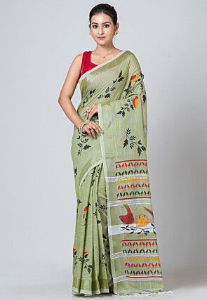 Handloom Cotton Saree in Dusty Green