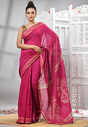 Handloom Cotton Jamdani Saree in Fuchsia