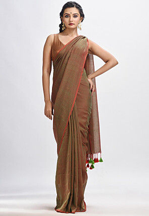 Handloom Cotton Saree in Green and Red Dual Tone