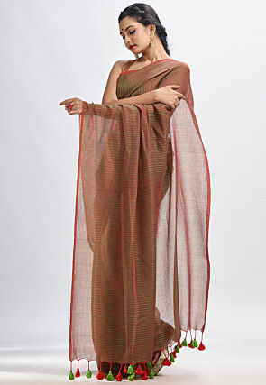 Handloom Cotton Saree in Green and Red Dual Tone