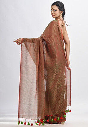 Handloom Cotton Saree in Green and Red Dual Tone