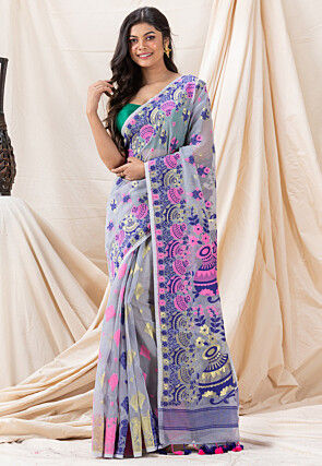 Handloom Cotton Saree in Light Grey