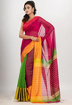Handloom Cotton Saree in Magenta and Light Green