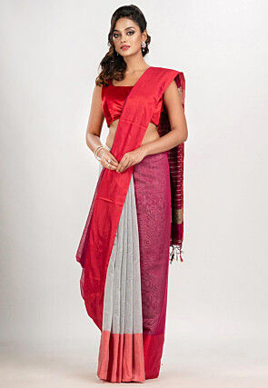 Handloom Cotton Saree in Magenta and Light Grey