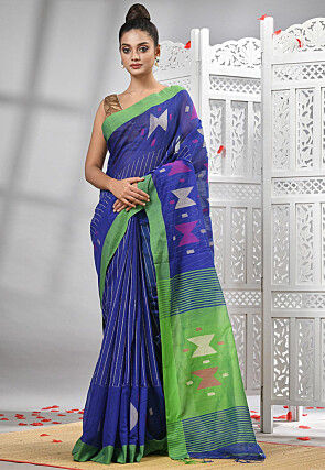 Handloom Cotton Jamdani Saree in Navy Blue