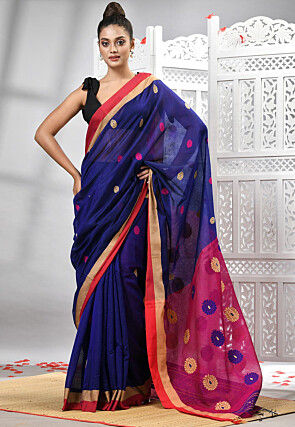 Handloom Cotton Saree in Navy Blue