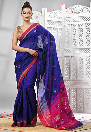 Handloom Cotton Saree in Navy Blue