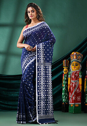 Handloom Cotton Saree in Navy Blue
