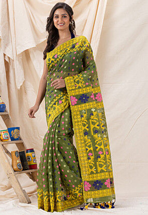 Handloom Cotton Saree in Olive Green