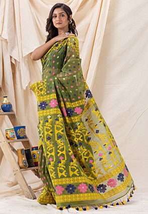 Handloom Cotton Saree in Olive Green