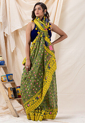Handloom Cotton Saree in Olive Green