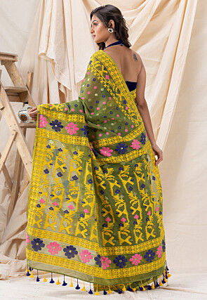 Handloom Cotton Saree in Olive Green