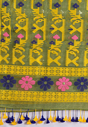 Handloom Cotton Saree in Olive Green