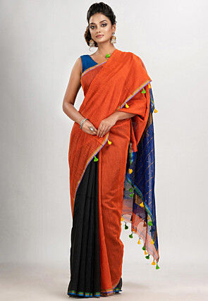 Handloom Cotton Saree in Orange and Black