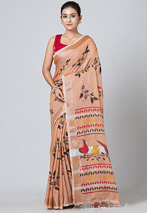 Handloom Cotton Saree in Pastel Orange