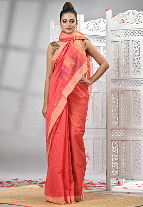 Handloom Cotton Jamdani Saree in Peach