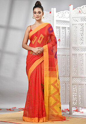 Handloom Cotton Jamdani Saree in Red