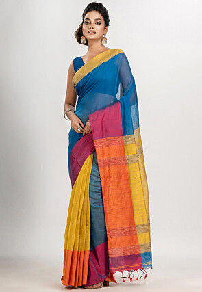 Handloom Cotton Saree in Teal Blue and Yellow