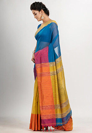 Handloom Cotton Saree in Teal Blue and Yellow