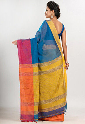 Handloom Cotton Saree in Teal Blue and Yellow