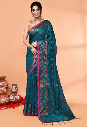 Handloom Cotton Saree in Teal Blue