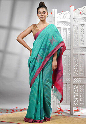 Handloom Cotton Jamdani Saree in Turquoise