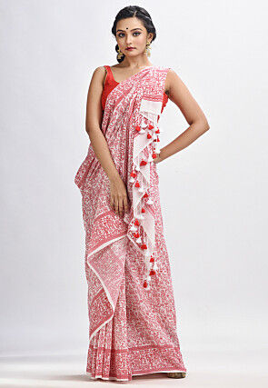 Handloom Cotton Saree in White and Red