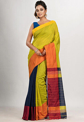 Handloom Cotton Saree in Yellow and Navy Blue