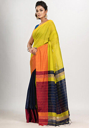 Handloom Cotton Saree in Yellow and Navy Blue