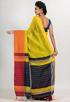 Handloom Cotton Saree in Yellow and Navy Blue