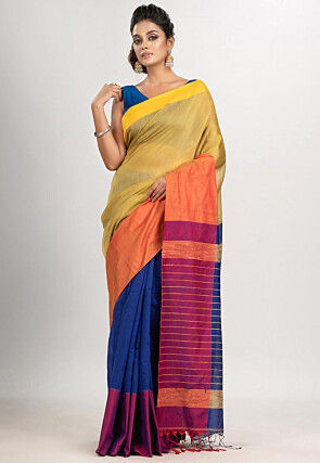 Handloom Cotton Saree in Yellow and Royal Blue