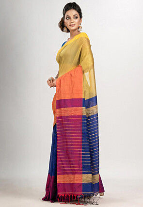 Handloom Cotton Saree in Yellow and Royal Blue