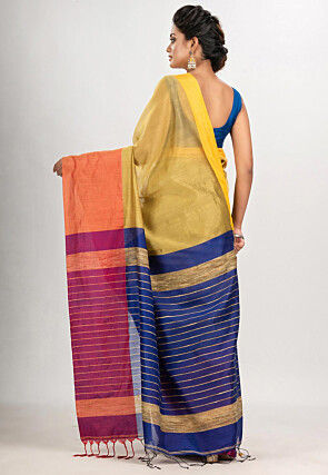 Handloom Cotton Saree in Yellow and Royal Blue
