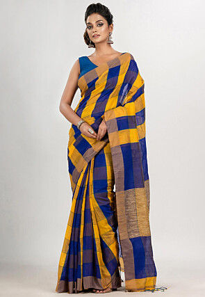 Handloom Cotton Saree in Yellow and Royal Blue