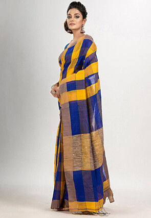 Handloom Cotton Saree in Yellow and Royal Blue